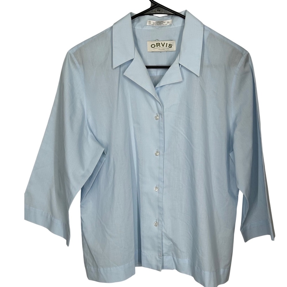 ORVIS Light Blue Wrinkle Free 3/4 Sleeve Button Up Blouse Women's Size‎ 16